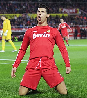 Real Madrid's Cristiano Ronaldo celebrates after scoring against Sevilla on Sunday