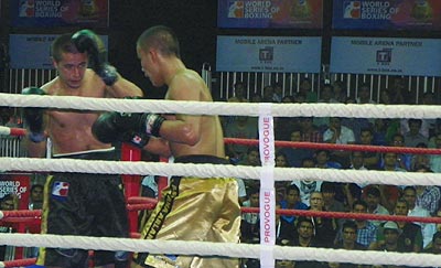 Miras Bairkhanov of Astana Arlans' get better of Mumbai Fighters' Sanjin Pol Vrgoc