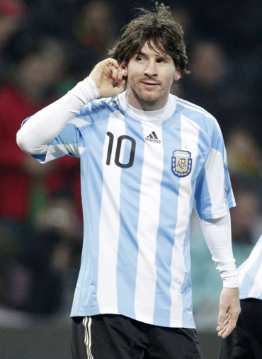Argentina's Lionel Messi celebrates his goal during their international friendly soccer match against Portugal