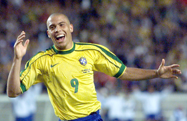 Ronaldo of Brazil celebrates his goal in a World Cup match