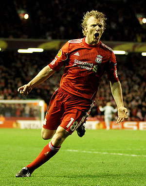 Dirk Kuyt of Liverpool celebrates after scoring against Sparta Prague during their Europa League match at Anfield on Thursday