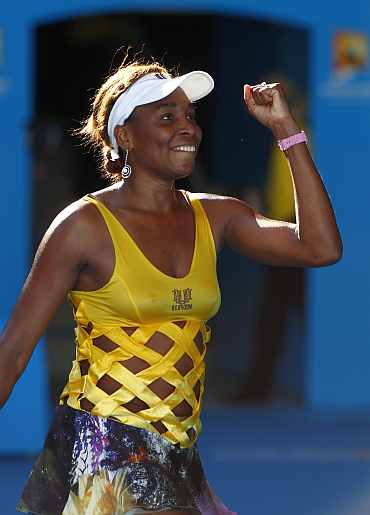 Venus Williams reacts after winning her match against Sandra Zahlavova at the Australian Open
