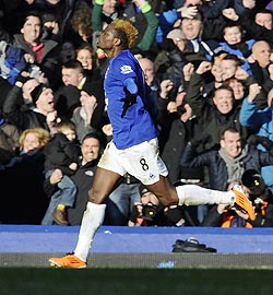 Everton's Louis Saha celebrates scoring against Chelsea on Saturday
