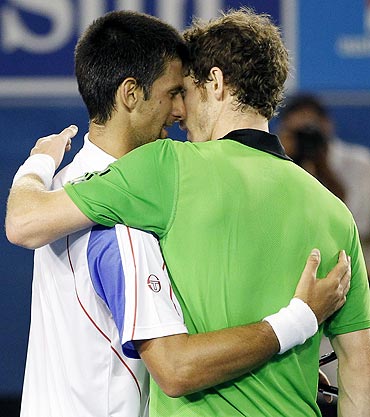 Novak Djokovic and Andy Murray embrace after the Australian Open final on Sunday