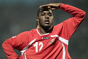 Costa Rica's Joel Campbell (right) celebrates with teammate Josue Martinez after he scored their second goal against Bolivia