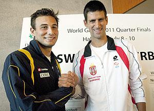 Sweden's Ervin Eleskovic (left) and Serbia's Novak Djokovic pose for a photograph in Halmstad