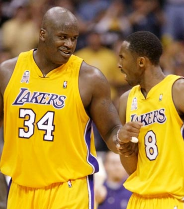 Shaquille O'Neal (left) with Kobe Bryant