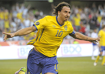 Sweden's Zlatan Ibrahimovic celebrates after scoring against Finland