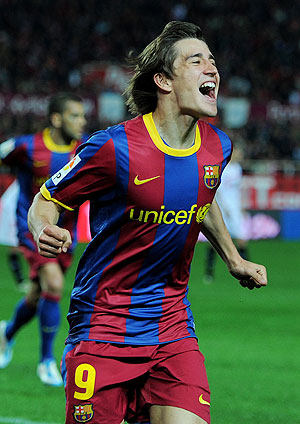 Barcelona's Bojan Krkic celebrates after scoring against Sevilla on Sunday