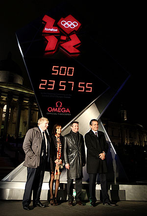 Team GB Athlete Jess Ennis, LOCOG Chairman Sebastian Coe, Mayor of London Boris Johnson and President of Omega Stephen Urquhart unveil the official Omega London 2012 Countdown Clock