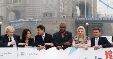 (from left to right) Boris Johnson, the Mayor of London, former gymnast Nadia Comaneci, Lord Sebastian Coe, former track and field athlete Carl Lewis, swimmer Rebecca Adlington and Sports Minister Hugh Robertson attend a photocall to officially launch the sale of tickets for the London 2012 Olympic Games