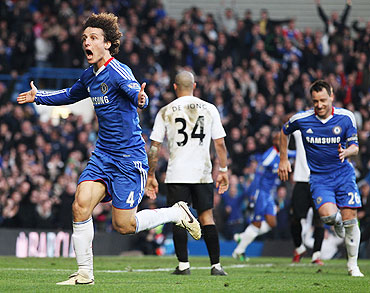 David Luiz of Chelsea celebrates after scoring against Manchester City at Stamford Bridge on Sunday
