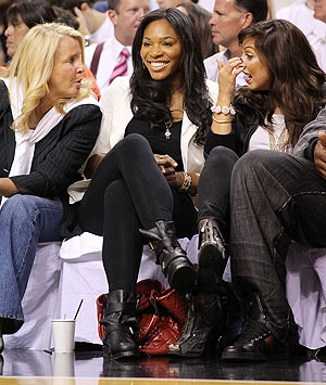 Tennis star Serena Williams watches Game Two of the Eastern Conference Semifinals of the 2011 NBA Playoffs between the Miami Heat and the Boston Celtics on Tuesday