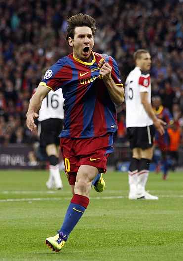 Barcelona's Lionel Messi celebrates after scoring against Manchester United in the Champions League final at Wembley