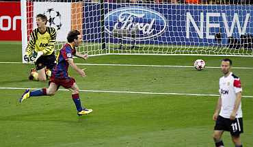 Barcelona's Messi celebrates after scoring against Manchester United in the Champions League final