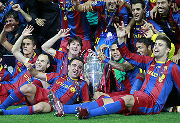 Barcelona players celebrate after winning the Champions League final against Manchester United