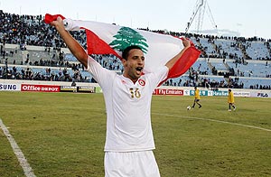 Lebanon's Bilal al-Sheikh Najjarine celebrates after his team beat South Korea in their 2014 World Cup qualifier