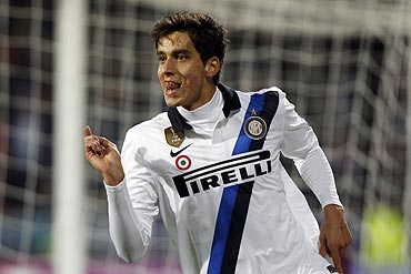 Inter Milan's Alvarez celebrates after scoring a goal against Trabzonspor