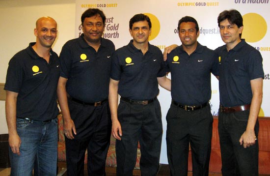 (Left to right): Viren Rasquinha, Niraj Bajaj, Prakash Padukone, Leander Paes and Geet Sethi