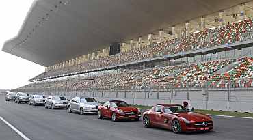 Cars are lined at the Buddh International Circuit, the venue for the first ever Indian Formula One race at Greater Noida