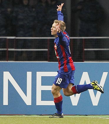 CSKA Moscow's Aleksandrs Cauna celebrates scoring against Trabzonspor