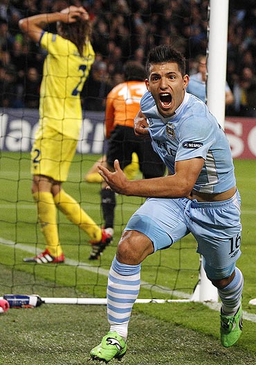 Manchester City's Sergio Aguero celebrates after scoring against Villarreal