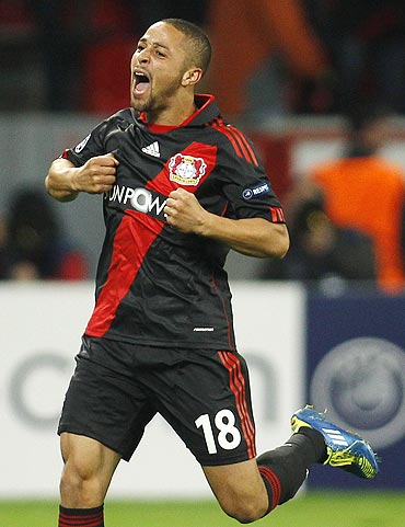 Bayer Leverkusen's Sidney Sam celebrates his goal against Valencia