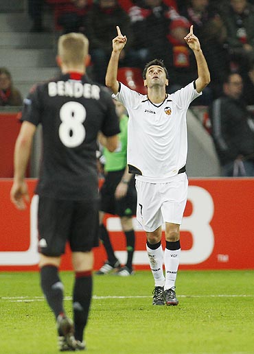 FC Valencia's Jonas celebrates his goal against Bayer Leverkusen