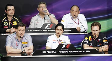 Top row left to right: Renault Formula One principal Eric Boullier, Mercedes Formula One principal Ross Brawn, HRT Formula One principal Colin Kolles (bottom row left to right): Pirelli's motorsport director Paul Hembery, Sauber Chief Executive Monisha Kaltenborn and Red Bull principal Christain Horner