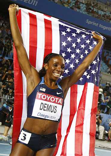 Lashinda Demus of the U.S. celebrates winning the women's 400 metres hurdles final at the IAAF World Championships in Daegu