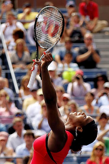 Serena Williams celebrates defeating Anastasia Pavlyuchenkova