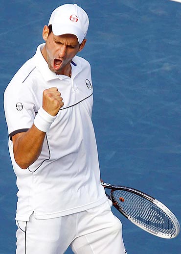 World No 1Novak Djokovic celebrates his win against Roger Federer in the US Open semis on Saturday