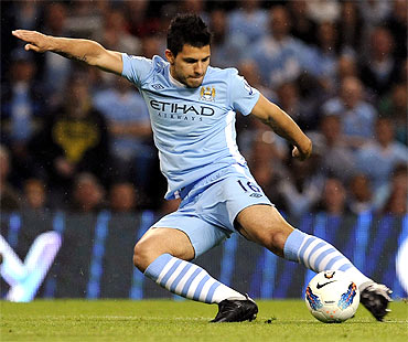Manchester City's Sergio Aguero makes a goal attempt during the English Premier League match