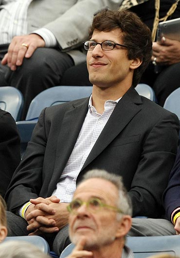 Andy Samberg attends the woman's final between Samantha Stosur and Serena Williams