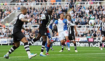 Demba Ba of Newcastle scores his team's second goal during the Barclays Premier League match against Blackburn Rovers at St James' Park on Saturday