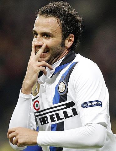 Inter Milan's Giampaolo Pazzini celebrates after scoring against CSKA Moscow