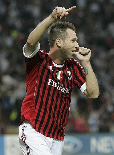 AC Milans' Antonio Cassano celebrates after scoring