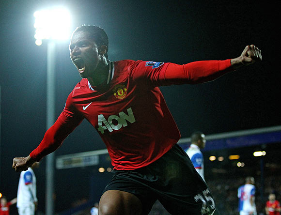 Antonio Valencia of Manchester United celebrates after scoring the opening goal against Blackburn Rovers on Monday