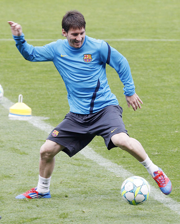 Barcelona's Lionel Messi during a training session at Nou Camp stadium in Barcelona on Monday