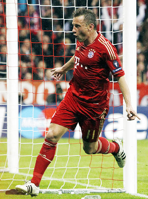 Bayern Munich's Olic celebrates goal during Champions League quarter-final match against Olympique Marseille in Munich