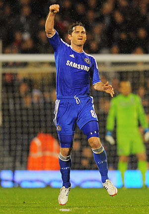 Chelsea's Frank Lampard celebrates scoring his penalty against Fulham during their EPL tie on Monday