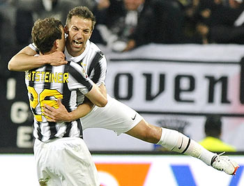 Juventus' Alessandro Del Piero (right) celebrates with teammate Stephan Lichtsteiner after scoring against Lazio on Wednesday