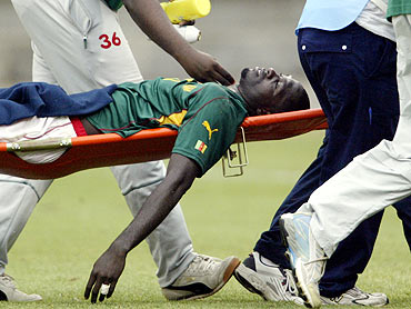 Marc-Vivien Foe is stretchered off the field