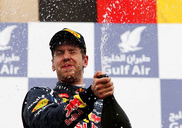 Sebastian Vettel celebrates after winning the Bahrain Grand Prix