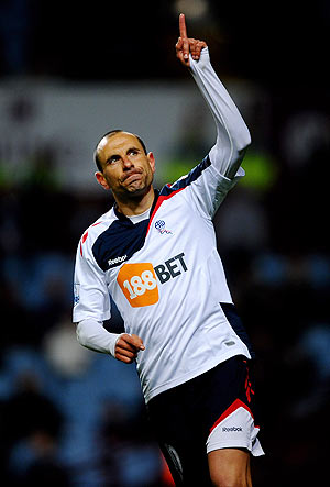 Martin Petrov of Bolton Wanderers celebrates after scoring from a penalty against Aston Villa on Tuesday