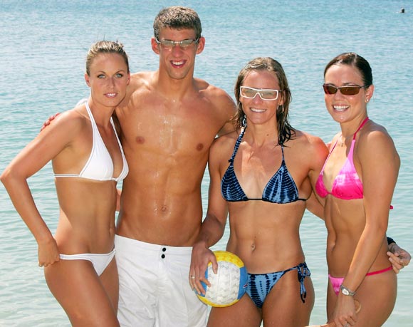 Olympic swimmers Amanda Beard, Michael Phelps, Jenny Thompson and Natalie Coughlin; of United States, pose during the Speedo Athlete Beach Day at Speedo Beach