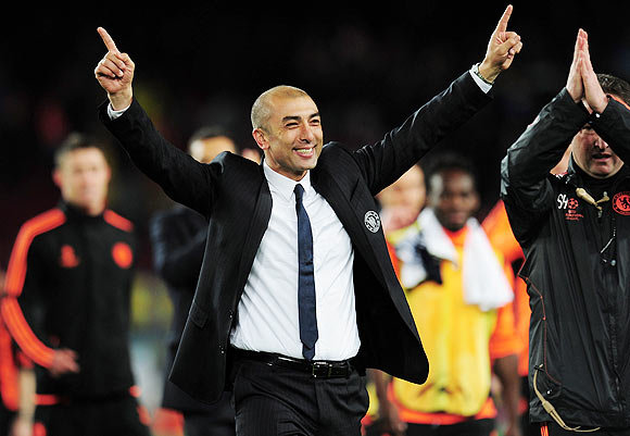 Roberto Di Matteo caretaker manager of Chelsea celebrates victory