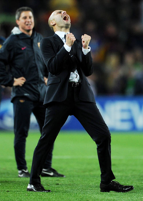 Head coach Josep Guardiola of Barcelona celebrates