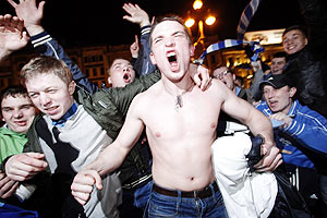 Fans of Zenit St Petersburg celebrate after their team claimed the Russian league championship on Saturday