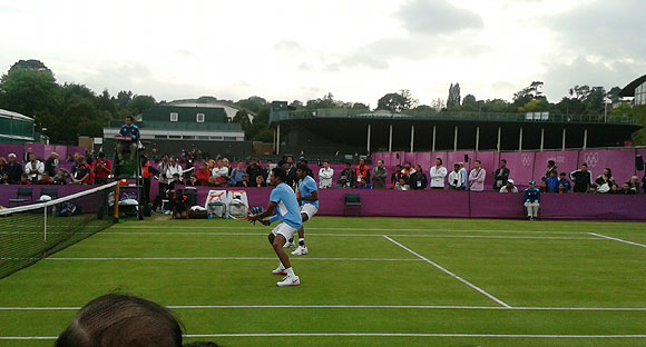 Mahesh Bhupathi and Rohan Bopanna in action during their second rounnd match against Frenchmen Julien Benneteau and Richard Gasquet on Tuesday